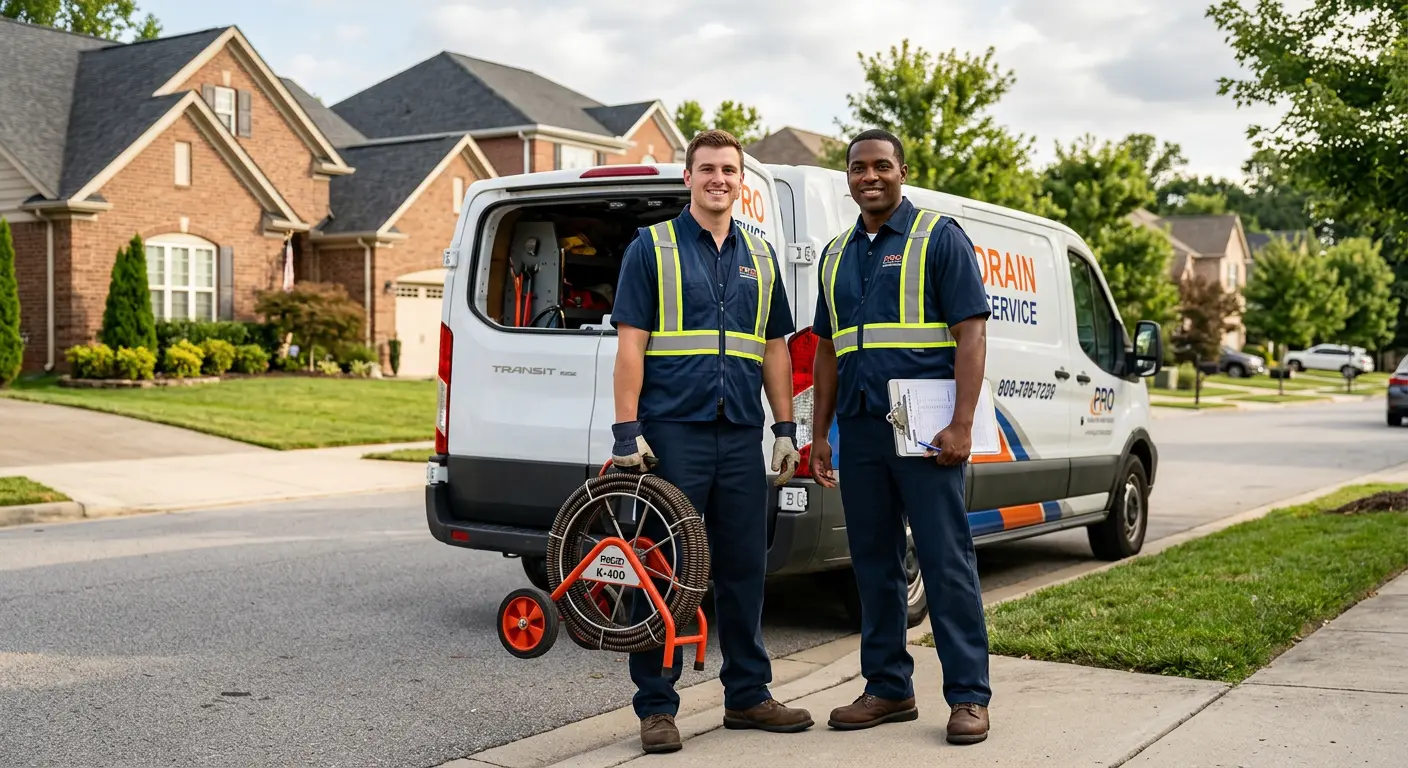Sewer and drain service team with equipment ready for work in Highland City