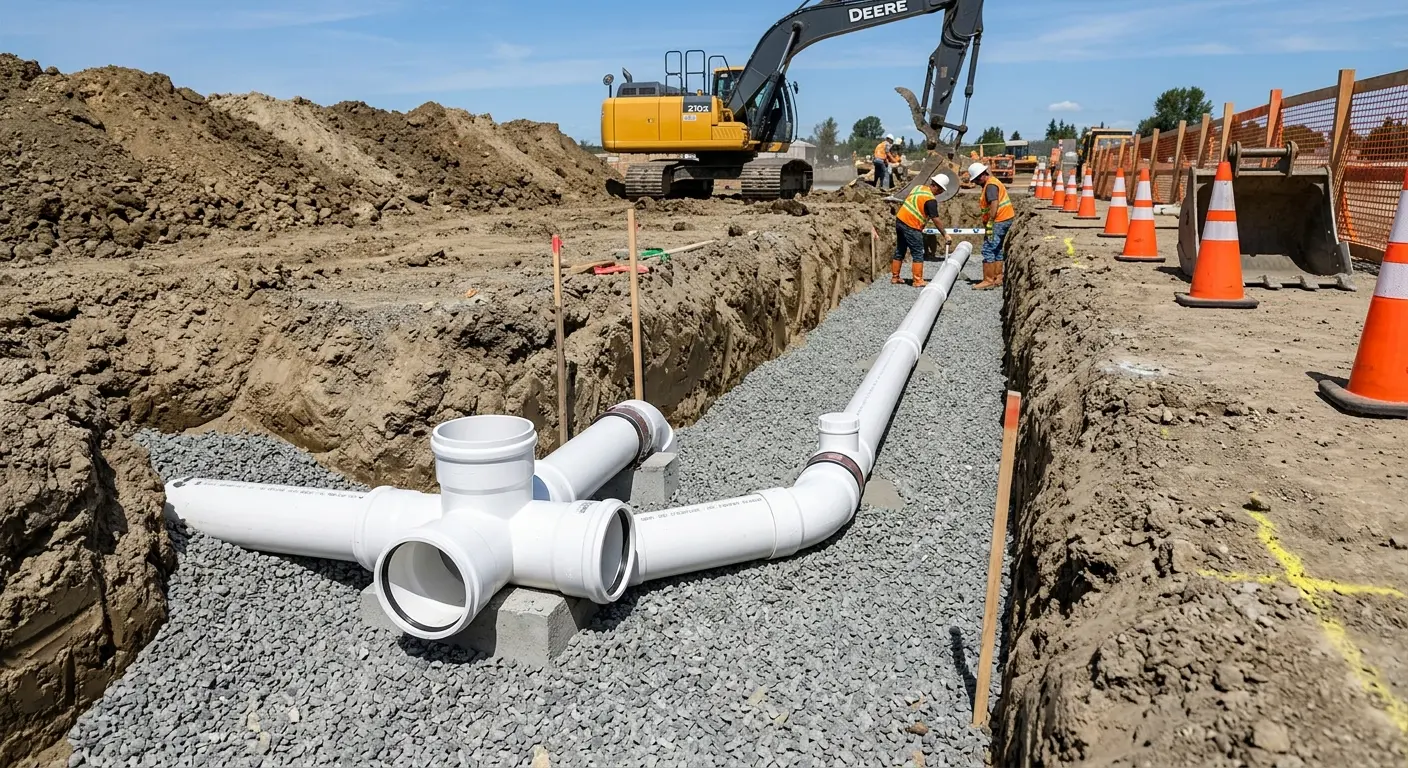 New PVC sewer pipe installation in open trench for Commercial Drain Cleaning in Highland City