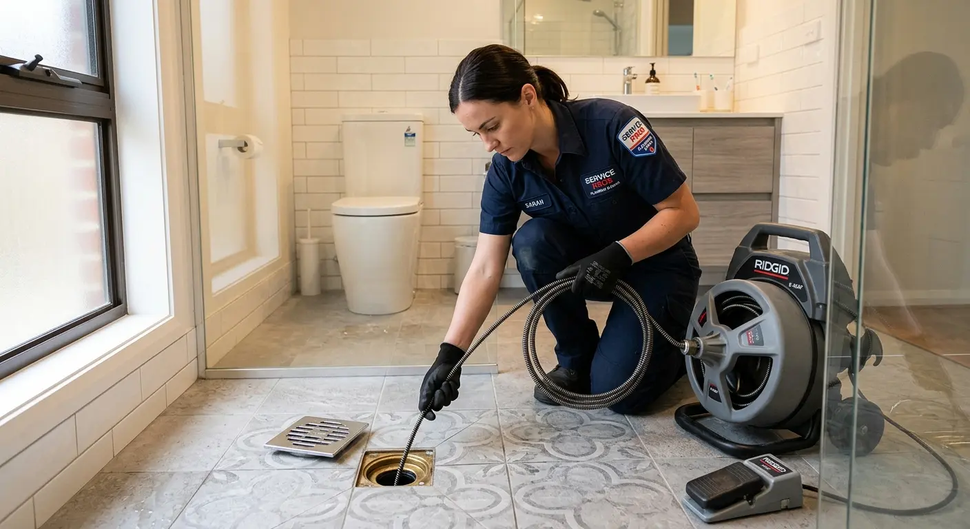 Technician clearing a bathroom floor drain for Hydro Jetting in Highland City